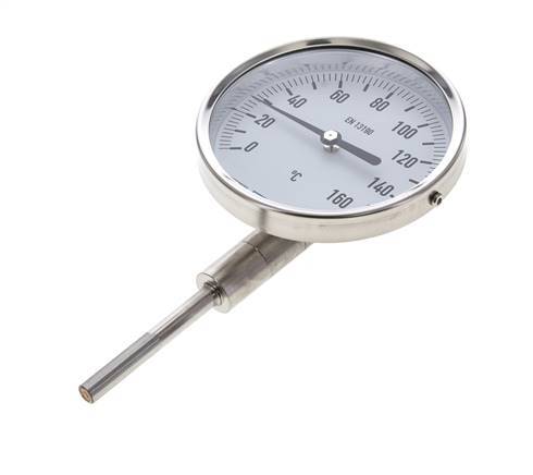 0 tot +160°C RVS Bimetalen Thermometer 100mm Behuizing 63mm Dompelbuis Onderaansluiting