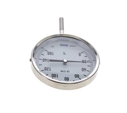 0 tot +160°C RVS Bimetalen Thermometer 100mm Behuizing 63mm Dompelbuis Onderaansluiting