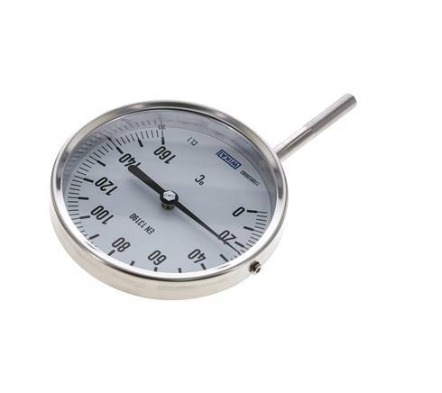0 tot +160°C RVS Bimetalen Thermometer 100mm Behuizing 63mm Dompelbuis Onderaansluiting