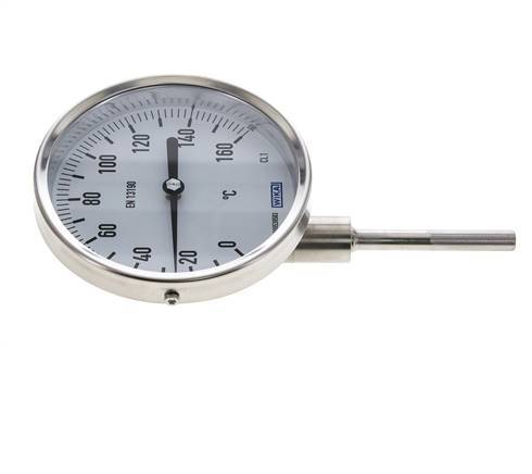 0 tot +160°C RVS Bimetalen Thermometer 100mm Behuizing 63mm Dompelbuis Onderaansluiting