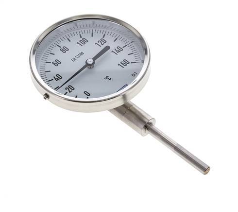 0 tot +160°C RVS Bimetalen Thermometer 100mm Behuizing 63mm Dompelbuis Onderaansluiting