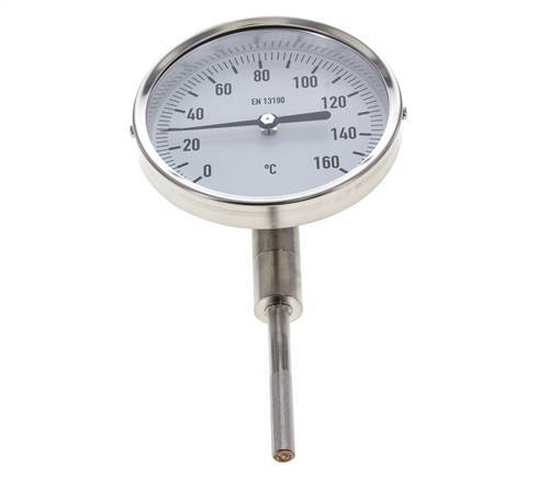 0 tot +160°C RVS Bimetalen Thermometer 100mm Behuizing 63mm Dompelbuis Onderaansluiting