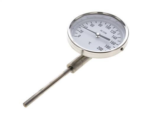 0 tot +200°C RVS Bimetalen Thermometer 100mm Behuizing 100mm Dompelbuis Onderaansluiting