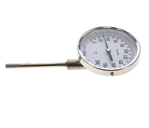 0 tot +200°C RVS Bimetalen Thermometer 100mm Behuizing 100mm Dompelbuis Onderaansluiting