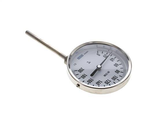 0 tot +200°C RVS Bimetalen Thermometer 100mm Behuizing 100mm Dompelbuis Onderaansluiting