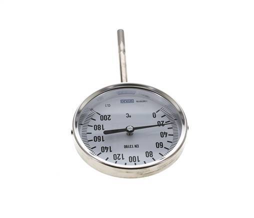0 tot +200°C RVS Bimetalen Thermometer 100mm Behuizing 100mm Dompelbuis Onderaansluiting