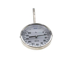 0 tot +200°C RVS Bimetalen Thermometer 100mm Behuizing 100mm Dompelbuis Onderaansluiting