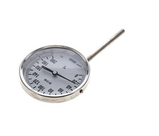 0 tot +200°C RVS Bimetalen Thermometer 100mm Behuizing 100mm Dompelbuis Onderaansluiting