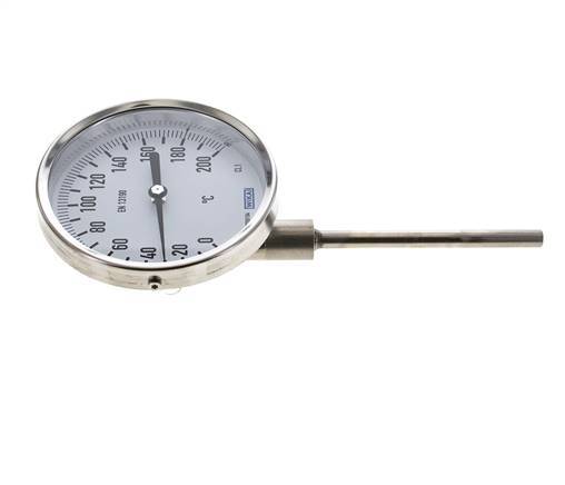 0 tot +200°C RVS Bimetalen Thermometer 100mm Behuizing 100mm Dompelbuis Onderaansluiting
