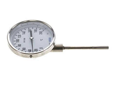 0 tot +200°C RVS Bimetalen Thermometer 100mm Behuizing 100mm Dompelbuis Onderaansluiting