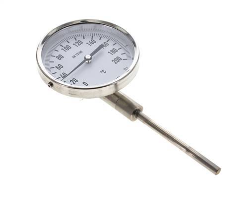 0 tot +200°C RVS Bimetalen Thermometer 100mm Behuizing 100mm Dompelbuis Onderaansluiting