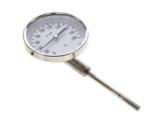 0 tot +200°C RVS Bimetalen Thermometer 100mm Behuizing 100mm Dompelbuis Onderaansluiting