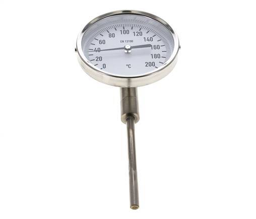 0 tot +200°C RVS Bimetalen Thermometer 100mm Behuizing 100mm Dompelbuis Onderaansluiting