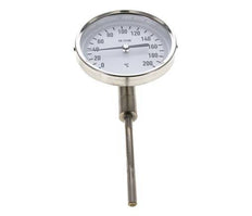 0 tot +200°C RVS Bimetalen Thermometer 100mm Behuizing 100mm Dompelbuis Onderaansluiting