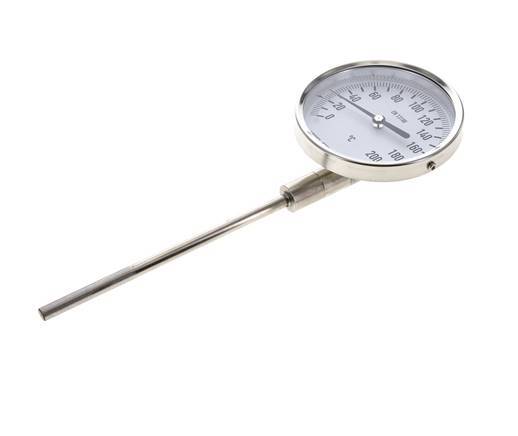 0 tot +200°C RVS Bimetalen Thermometer 100mm Behuizing 160mm Dompelbuis Onderaansluiting