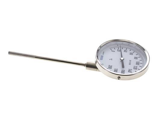 0 tot +200°C RVS Bimetalen Thermometer 100mm Behuizing 160mm Dompelbuis Onderaansluiting