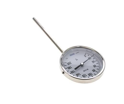 0 tot +200°C RVS Bimetalen Thermometer 100mm Behuizing 160mm Dompelbuis Onderaansluiting