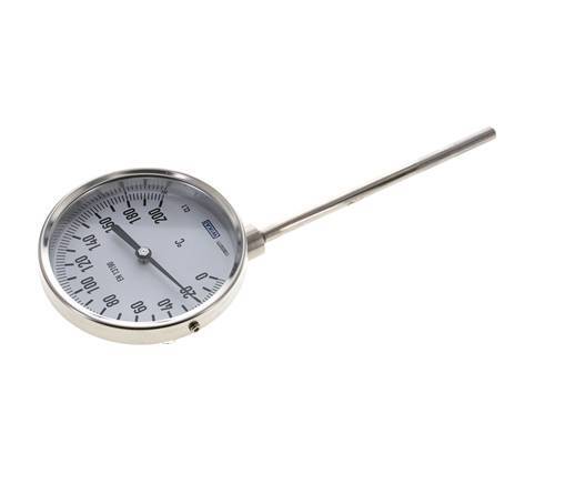 0 tot +200°C RVS Bimetalen Thermometer 100mm Behuizing 160mm Dompelbuis Onderaansluiting