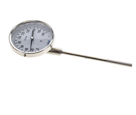 0 tot +200°C RVS Bimetalen Thermometer 100mm Behuizing 160mm Dompelbuis Onderaansluiting