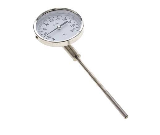 0 tot +200°C RVS Bimetalen Thermometer 100mm Behuizing 160mm Dompelbuis Onderaansluiting