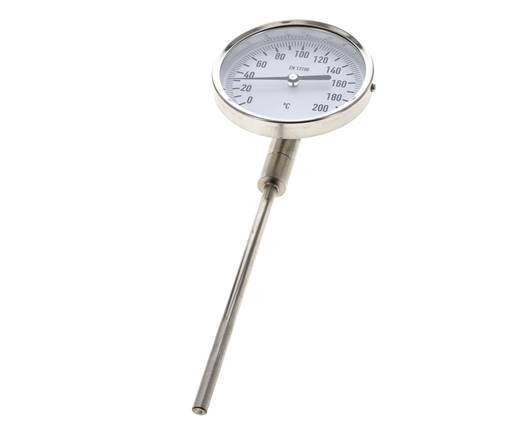 0 tot +200°C RVS Bimetalen Thermometer 100mm Behuizing 160mm Dompelbuis Onderaansluiting