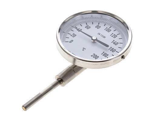 0 tot +200°C RVS Bimetalen Thermometer 100mm Behuizing 63mm Dompelbuis Onderaansluiting