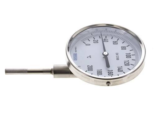 0 tot +200°C RVS Bimetalen Thermometer 100mm Behuizing 63mm Dompelbuis Onderaansluiting