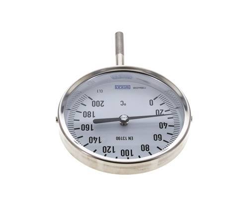 0 tot +200°C RVS Bimetalen Thermometer 100mm Behuizing 63mm Dompelbuis Onderaansluiting