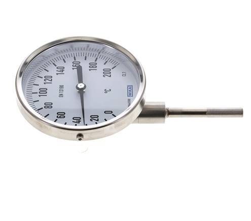 0 tot +200°C RVS Bimetalen Thermometer 100mm Behuizing 63mm Dompelbuis Onderaansluiting