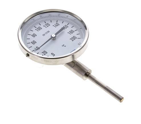 0 tot +200°C RVS Bimetalen Thermometer 100mm Behuizing 63mm Dompelbuis Onderaansluiting