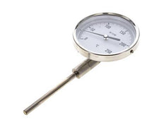 0 tot +250°C RVS Bimetalen Thermometer 100mm Behuizing 100mm Dompelbuis Onderaansluiting