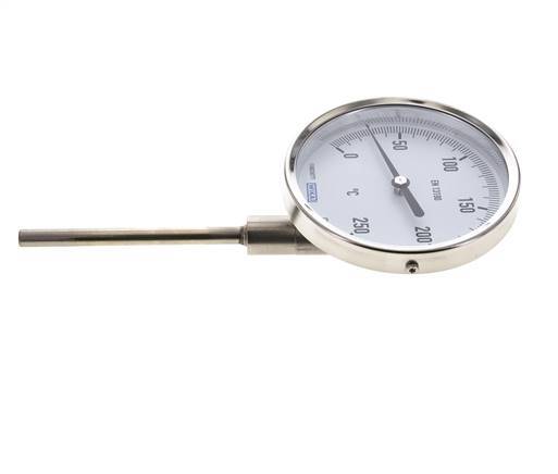 0 tot +250°C RVS Bimetalen Thermometer 100mm Behuizing 100mm Dompelbuis Onderaansluiting