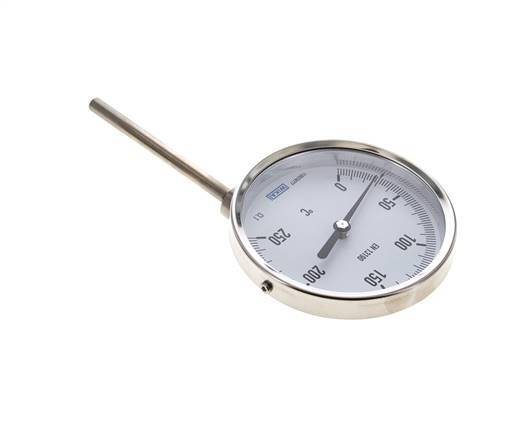 0 tot +250°C RVS Bimetalen Thermometer 100mm Behuizing 100mm Dompelbuis Onderaansluiting