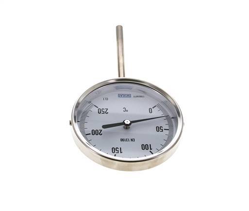 0 tot +250°C RVS Bimetalen Thermometer 100mm Behuizing 100mm Dompelbuis Onderaansluiting