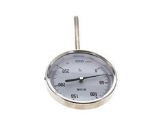 0 tot +250°C RVS Bimetalen Thermometer 100mm Behuizing 100mm Dompelbuis Onderaansluiting