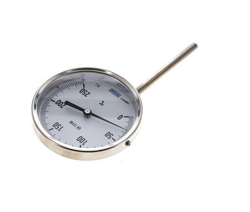 0 tot +250°C RVS Bimetalen Thermometer 100mm Behuizing 100mm Dompelbuis Onderaansluiting