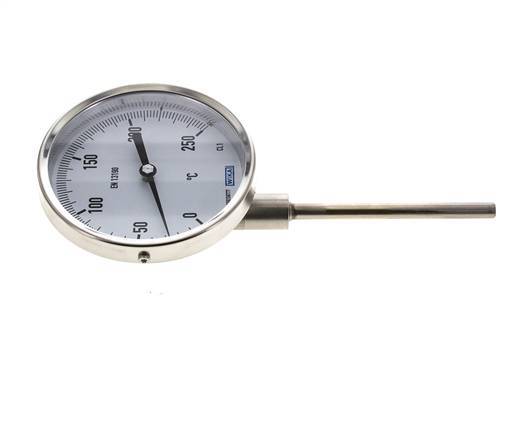 0 tot +250°C RVS Bimetalen Thermometer 100mm Behuizing 100mm Dompelbuis Onderaansluiting