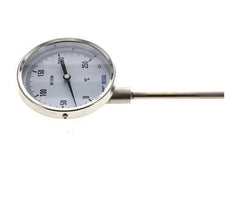 0 tot +250°C RVS Bimetalen Thermometer 100mm Behuizing 100mm Dompelbuis Onderaansluiting