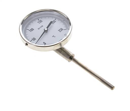 0 tot +250°C RVS Bimetalen Thermometer 100mm Behuizing 100mm Dompelbuis Onderaansluiting