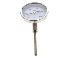 0 tot +250°C RVS Bimetalen Thermometer 100mm Behuizing 100mm Dompelbuis Onderaansluiting