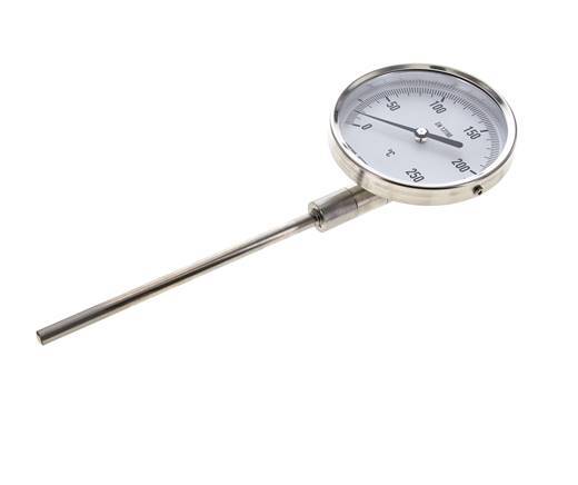 0 tot +250°C RVS Bimetalen Thermometer 100mm Behuizing 160mm Dompelbuis Onderaansluiting