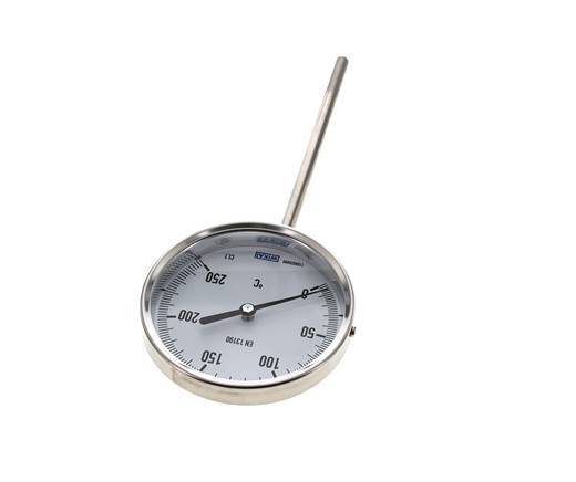 0 tot +250°C RVS Bimetalen Thermometer 100mm Behuizing 160mm Dompelbuis Onderaansluiting