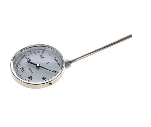 0 tot +250°C RVS Bimetalen Thermometer 100mm Behuizing 160mm Dompelbuis Onderaansluiting