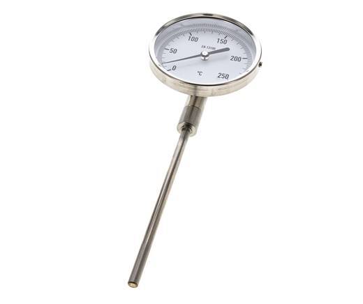 0 tot +250°C RVS Bimetalen Thermometer 100mm Behuizing 160mm Dompelbuis Onderaansluiting
