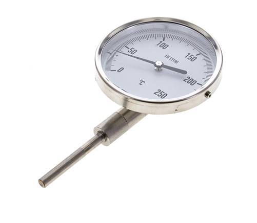 0 to +250°C Stainless Steel Bimetallic Thermometer 100mm Cabinet 63mm Stem Bottom
