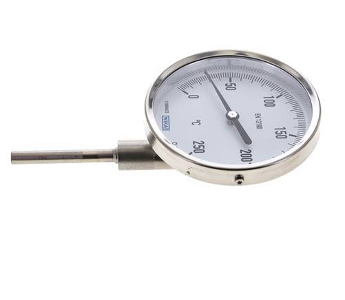 0 tot +250°C RVS Bimetalen Thermometer 100mm Behuizing 63mm Dompelbuis Onderaansluiting