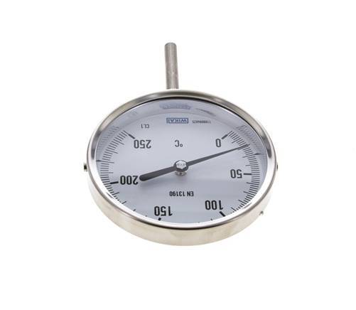 0 tot +250°C RVS Bimetalen Thermometer 100mm Behuizing 63mm Dompelbuis Onderaansluiting