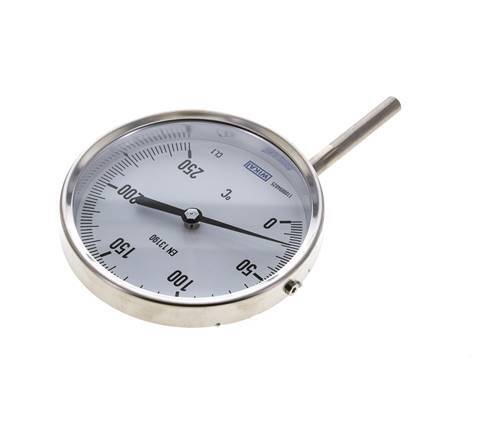 0 tot +250°C RVS Bimetalen Thermometer 100mm Behuizing 63mm Dompelbuis Onderaansluiting