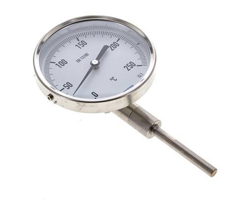 0 tot +250°C RVS Bimetalen Thermometer 100mm Behuizing 63mm Dompelbuis Onderaansluiting