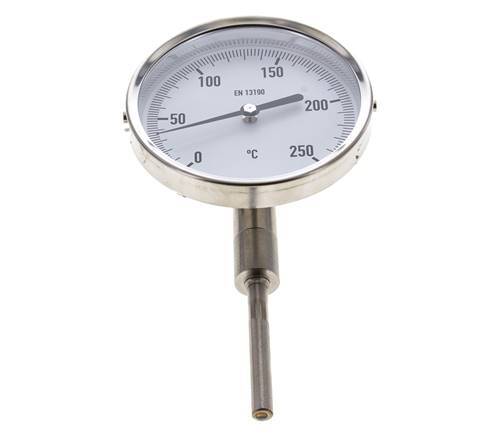 0 tot +250°C RVS Bimetalen Thermometer 100mm Behuizing 63mm Dompelbuis Onderaansluiting